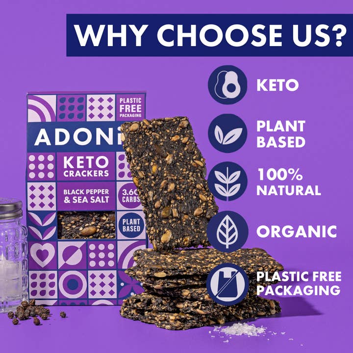Adonis Foods Europe GmbH - Wholesale Crackers - Keto Crackers - Black Pepper and Sea Salt (10x60g)2