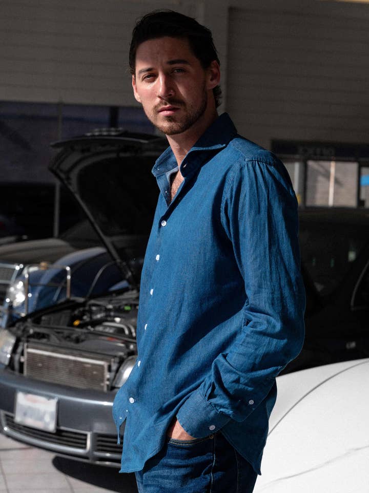 BRISK – Engroshandel Skjorte med buttondown – Mænd – Denim mørk vaskeskjorte - afskåret ekstrem krave3