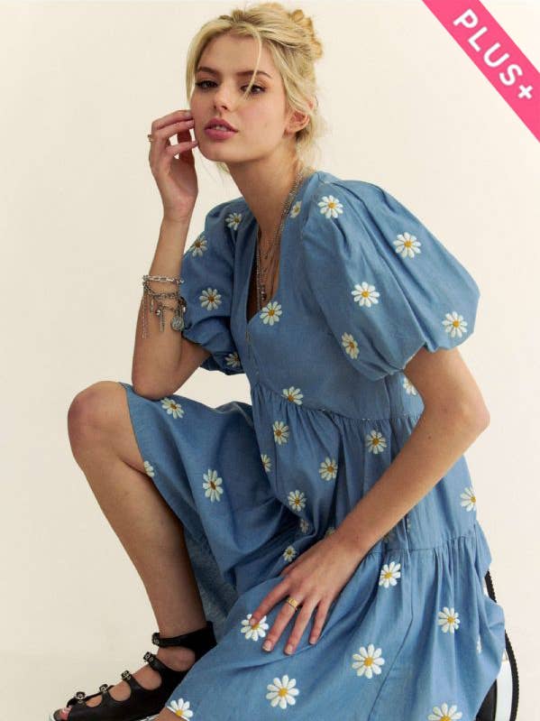 PLUS DAISY FLORAL PUFF SLEEVE DENIM ROMPER for wholesale by Davi & Dani