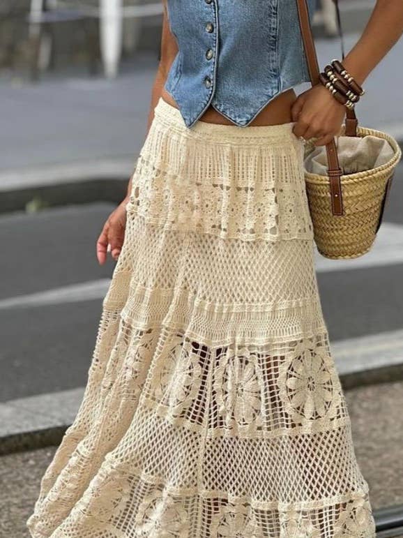 Rosa Clothing - Wholesale Skirt - Women's - Bohemia Lace Cut-Out Knitted Skirt