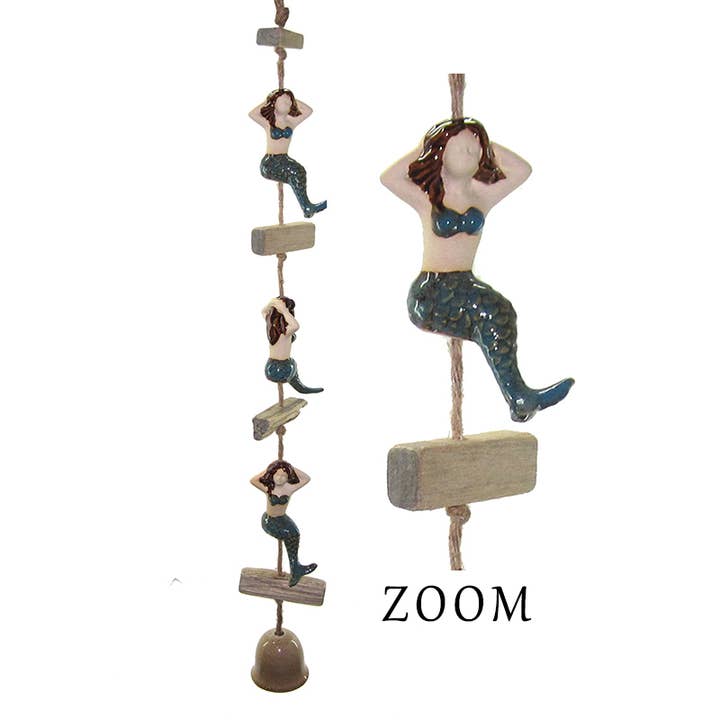 California Seashell Company - Wholesale Bell - Ceramic Mermaid & Driftwood Dangler