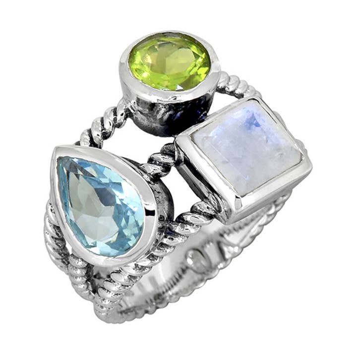 Tiramisu - Venta al por mayor Anillos grandes/de cóctel - Anillo de cuerda de plata de ley 925 con topacio azul y piedra lunar0