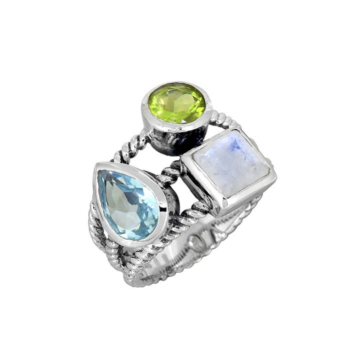 Tiramisu - Wholesale Cocktail/Statement Ring - 925 Sterling Silver Blue Topaz Moonstone Rope Ring