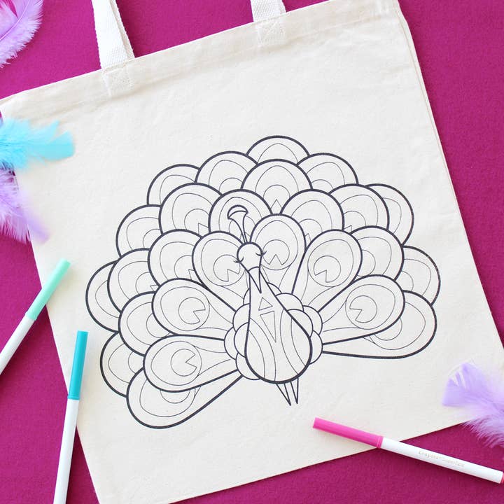 Peacock Organic Tote Bag - Coloring Kit with Markers for wholesale by Leela and JoJo