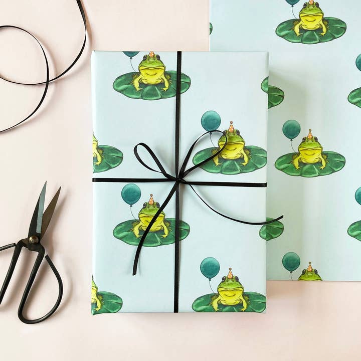 Frog with a Balloon Birthday Wrapping Paper for wholesale by Amelia Illustration