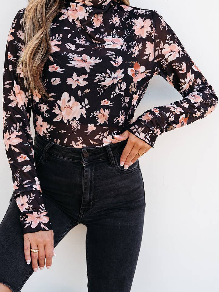Floral Mesh Mock Neck Long Sleeve Slim Fit Top for wholesale by 1 the Woman