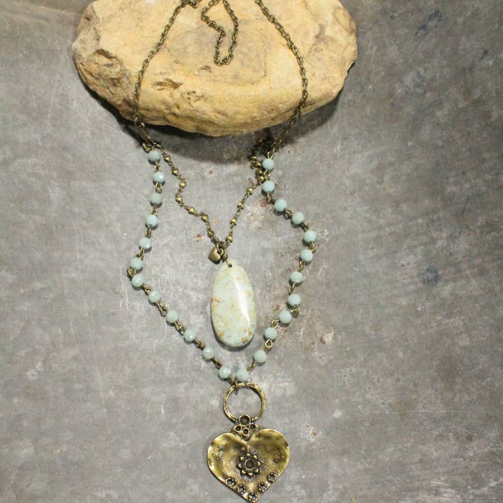 The Primitive Peddler, Inc. - Wholesale Pendant/Charm Necklace - Double Layered Stone & Bronze Heart Drop Necklace2