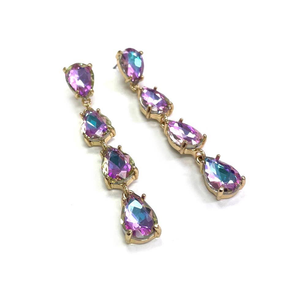 StarryNYC - Wholesale Dangle Earrings - Glass Stone Teardrop 4 Link Iridescent Crystal Earrings15