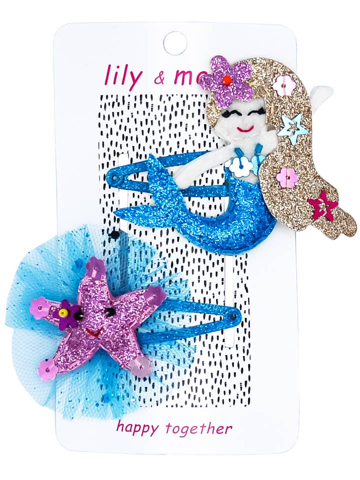 Zeester & Sprankelende Zeemeermin Kinder Haarclips - Glitter Blauw voor wholesale door Lily and Momo