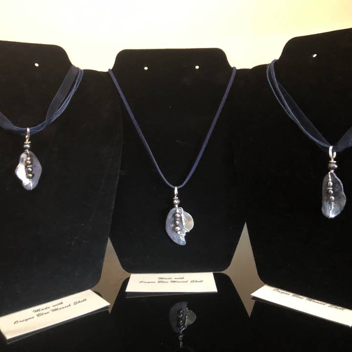 Blue Mussel wire wrapped with pearls necklace for wholesale by Essence of Fire & Sea