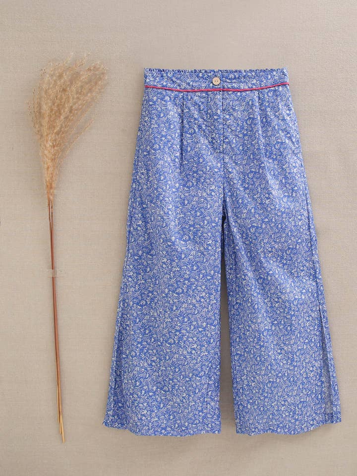 Dadati - Wholesale Pants - Kids - Blue girl's pants with white print and fuchsia trim