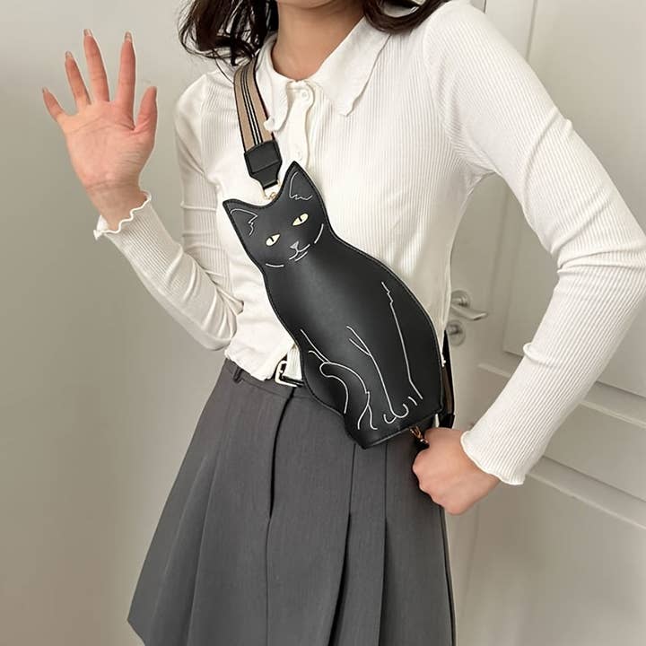 grey Stylish Black Cat Crossbody Bag - Large Capacity PU Leather, Retro Animal Design with Adjustable Strap, Cute Cartoon Shoulder Bag for Casual Outfits, Stylish Crossbody | Unique Fashion Accessory | Adjustable Strap Bag, Purse Crossbody for wholesale on Faire