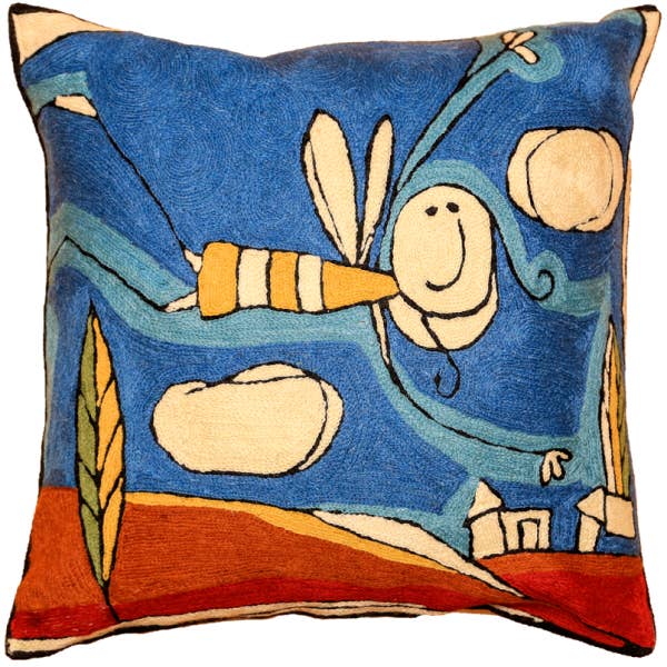 Hand-Embroidered Bee Design Pillow - 18-inch Square" for wholesale by Cashmere Crafts Inc