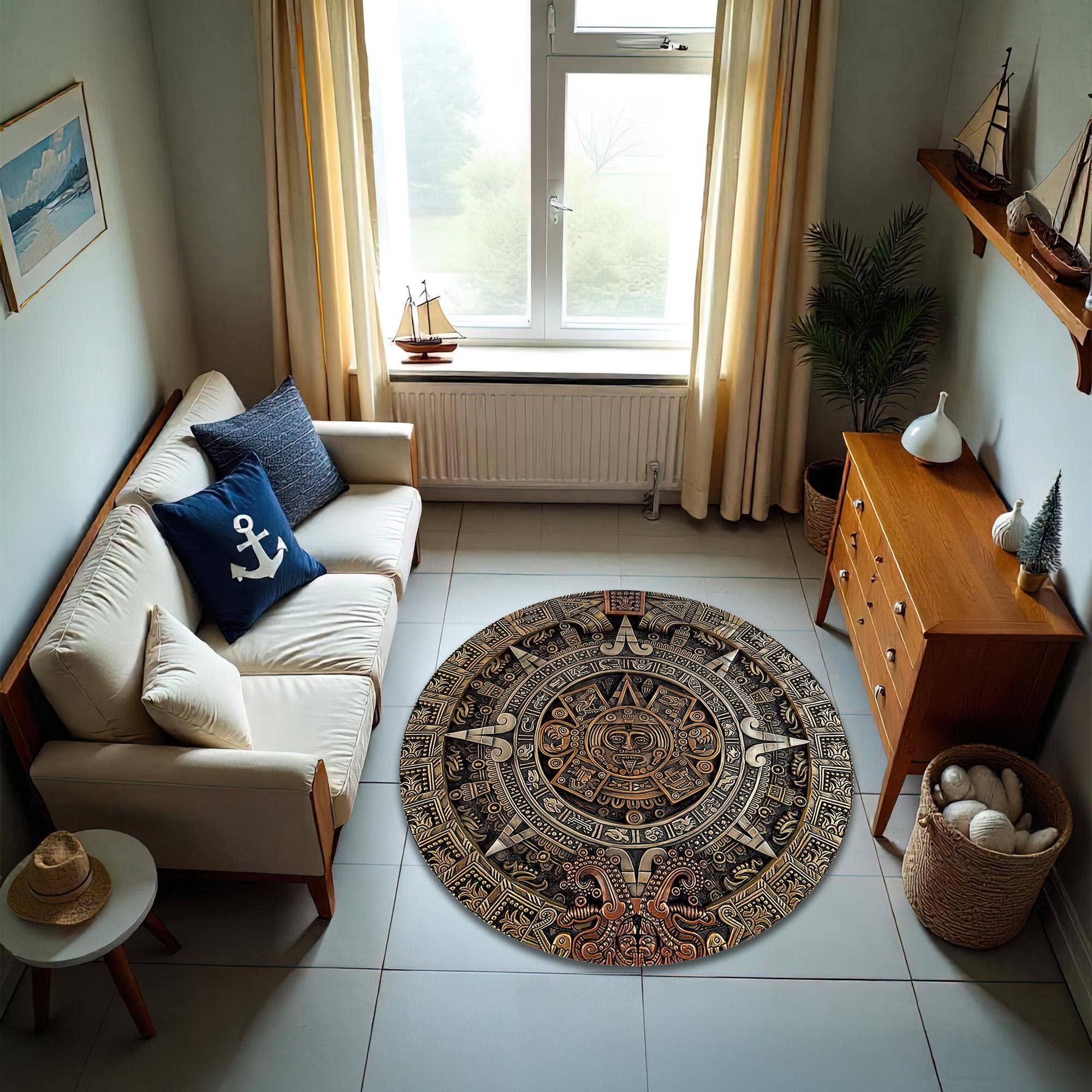 Rugendary Trade LLC - Wholesale Vloerkleed - Maya Kalender Ronde Vloerkleed: Tribale Azteekse Decoratie1