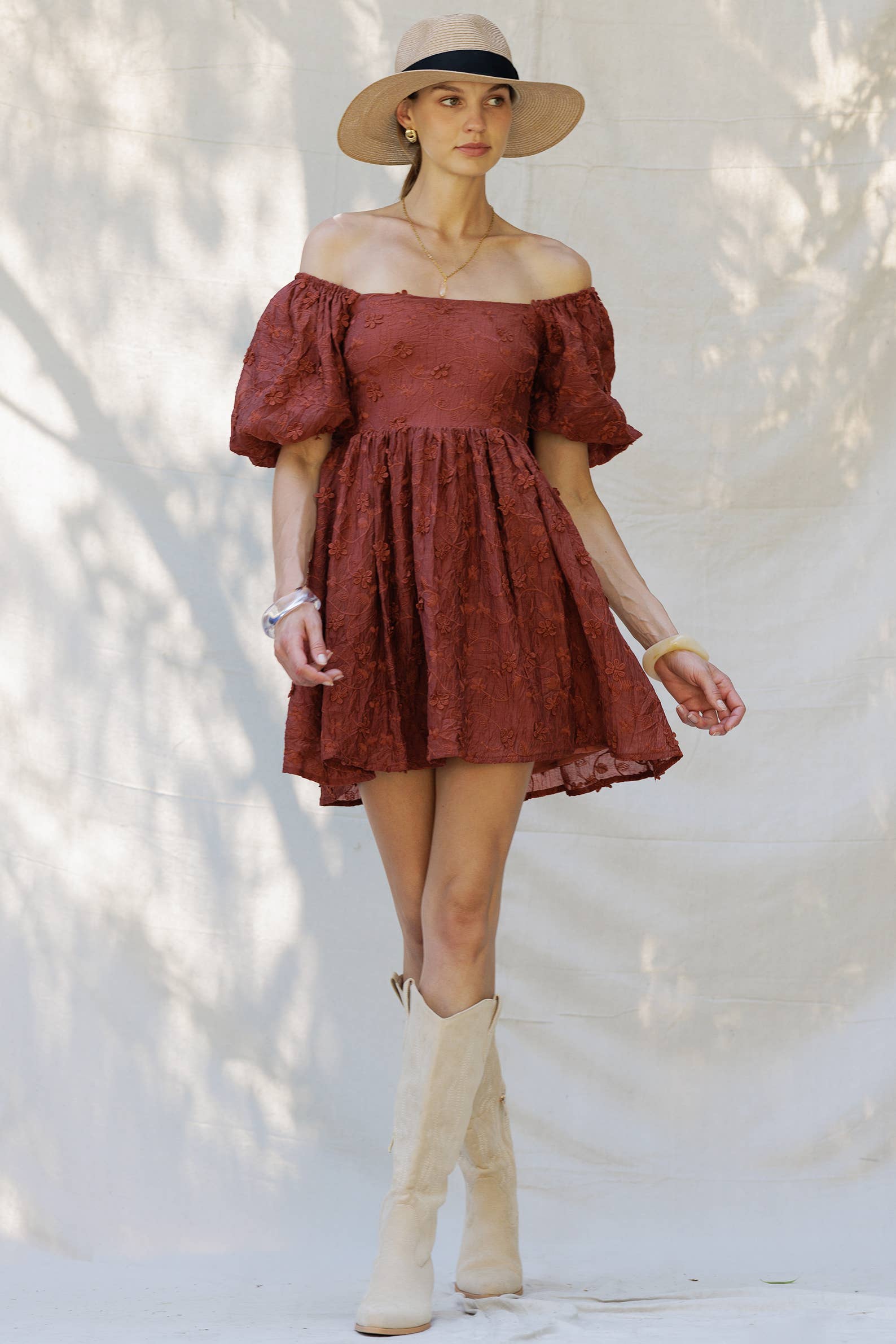 RUST YD5019 Embroidered Puff Sleeve Off-Shoulder Mini Dress for wholesale on Faire2