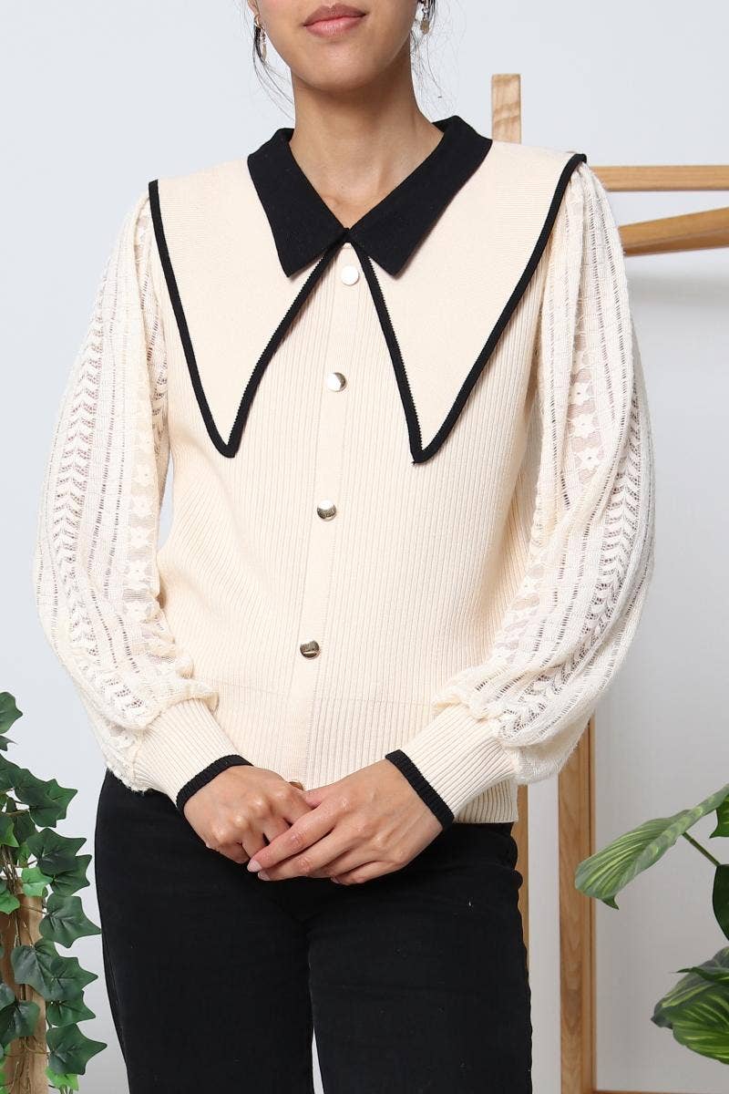 DIX-ONZE - Vendita all'ingrosso Cardigan - Donna - Cardigan con Colletto Claudine a Contrasto e Maniche in Pizzo9