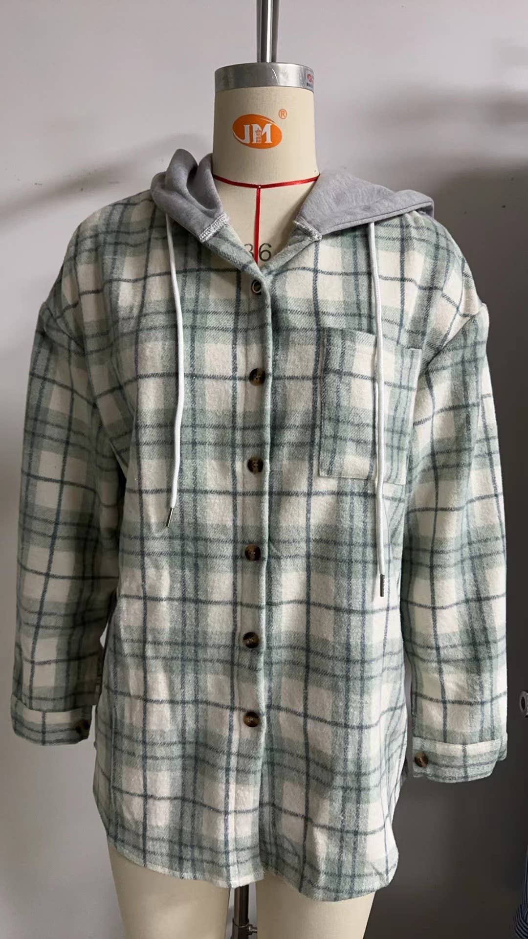 HIDDENBRAND - Wholesale Hoodie - Women's - Drawstring Plaid Hooded Shirt Jacket3