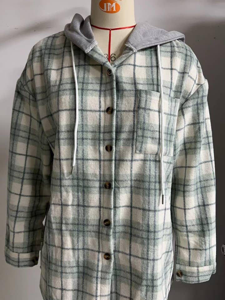 HIDDENBRAND - Wholesale Hoodie - Women's - Drawstring Plaid Hooded Shirt Jacket3