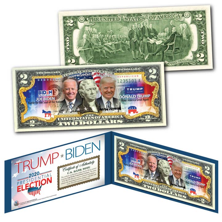 Trump V. Biden Valg 2020 To dollarseddel i Deluxe Vinyl Folio - Skibe Hurtigt & Gratis Til USA for engroshandel hos The Merrick Mint