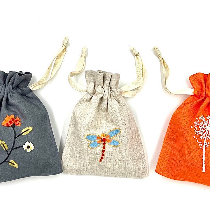 "Botanicals" Small Drawstring Pouch, hand embroidered linen ~5” x 6” for wholesale by Wooven