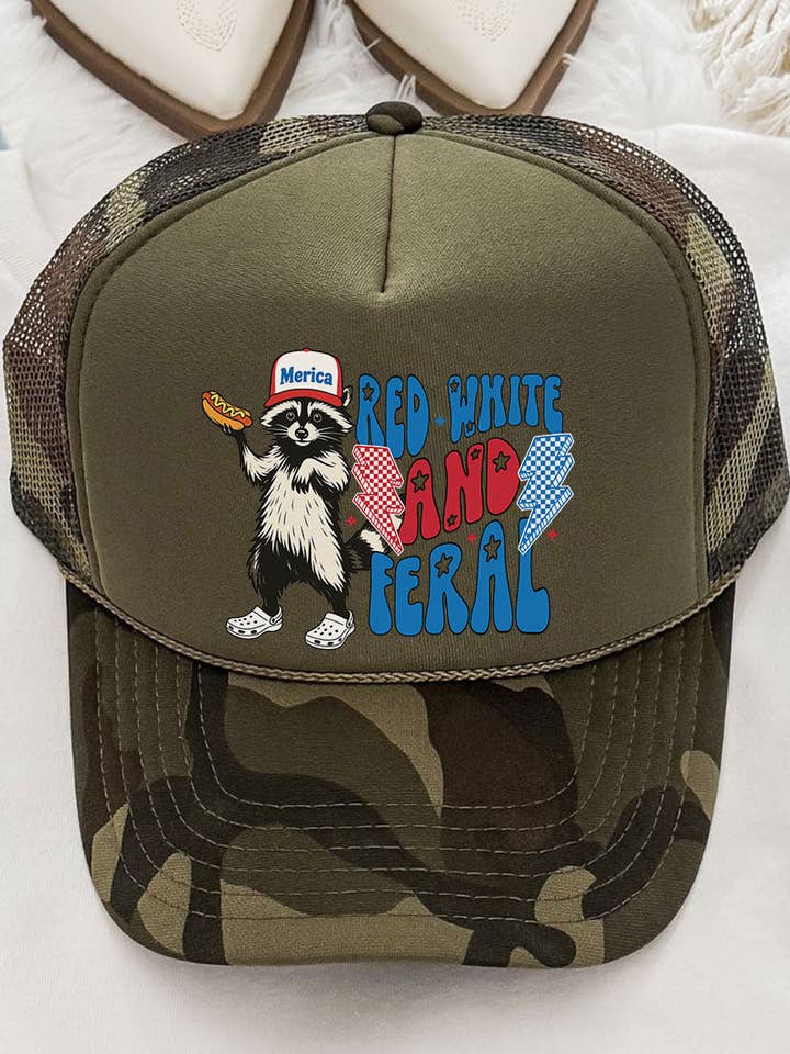 Red, White, And Feral Otto Camo with Olive Green Foam Front Trucker Hat for wholesale by Wholesale Accessory Market