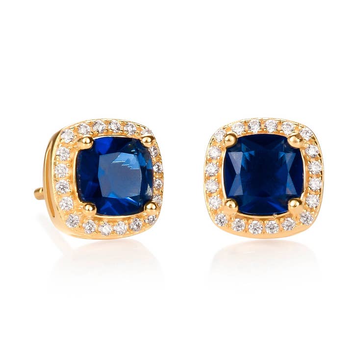 Gold Plated Sterling Silver Blue Cubic Zirconia Cushion Halo Stud Earrings for wholesale by Namana