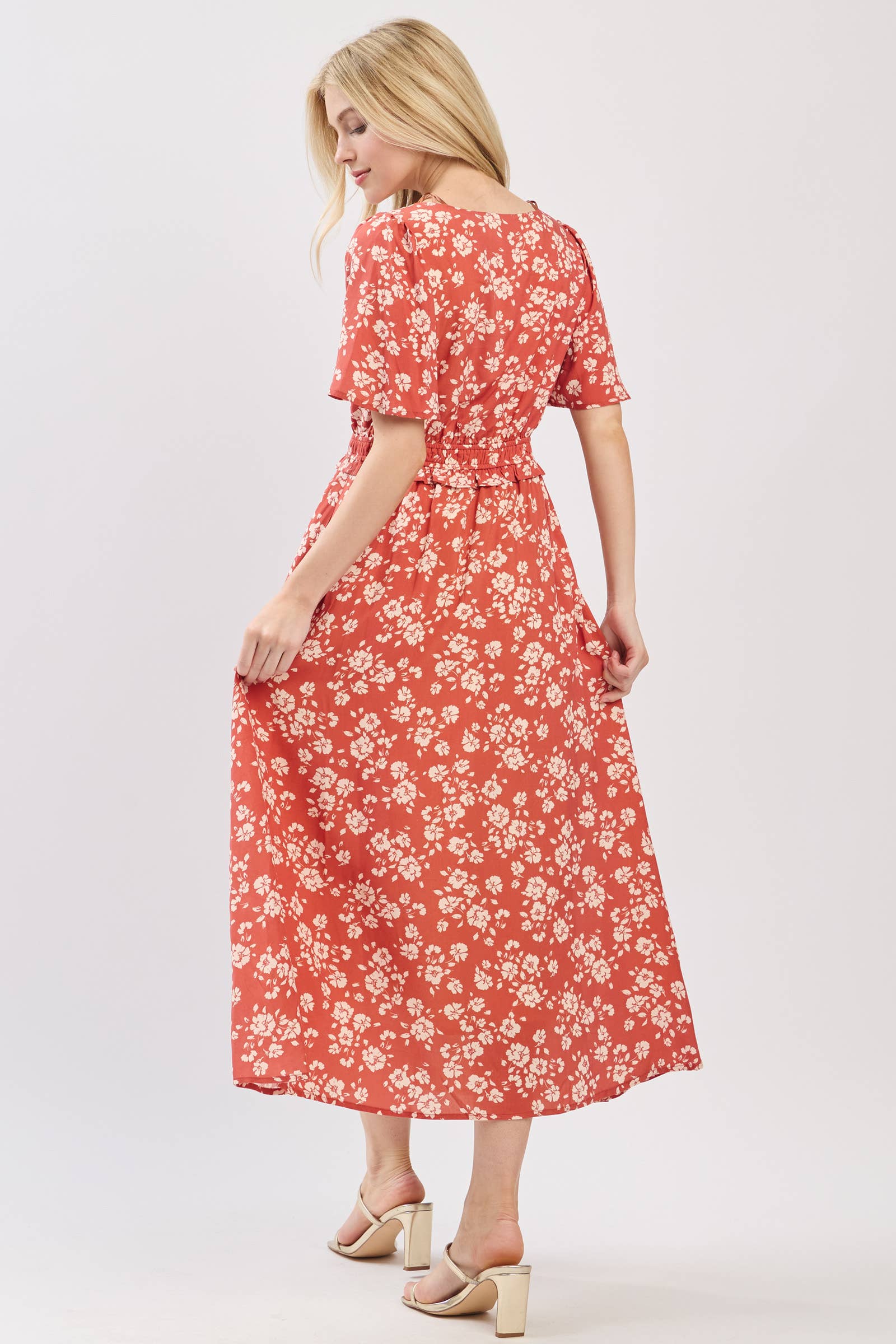 Terracotta MIDI-JURK MET PUFFMOUWEN, V-HALS EN GEDEFINIEERDE TAILLE - VD6036 voor groothandel op Faire6