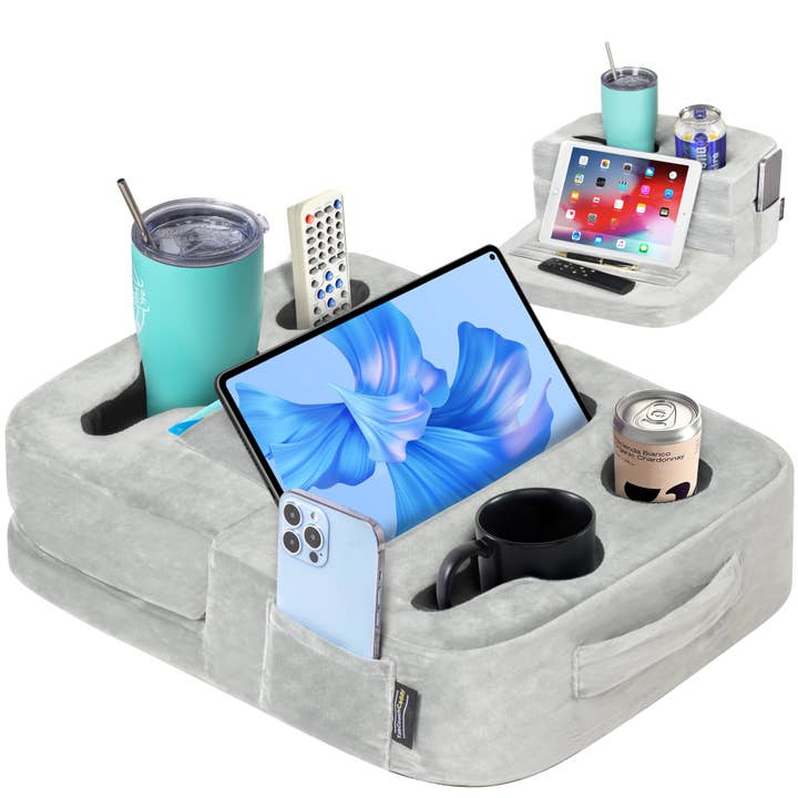 TabCouchCaddy - Wholesale Desk Organizer - TabCouchCaddy - Couch Cup Holder Tray & Tablet Pillow (Grey)