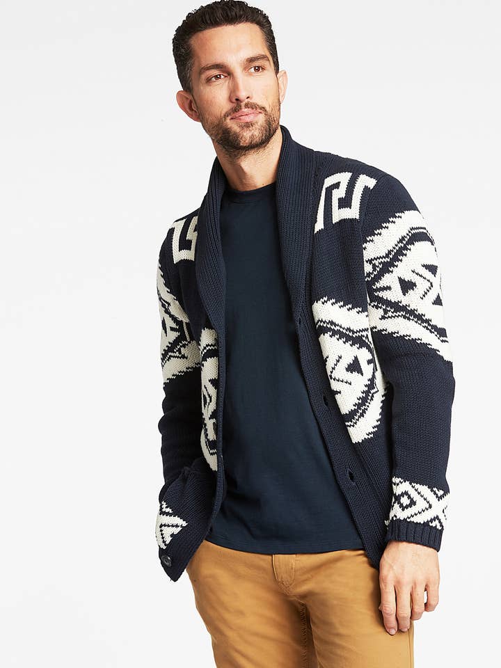 NAVY Shawl Collar Intarsia Cardigan Style: 30-827014US for wholesale on Faire2