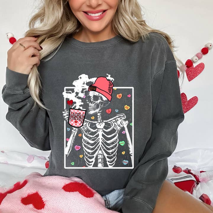 Valentine's Skelly Coffee Crewneck for wholesale by Highland Gray