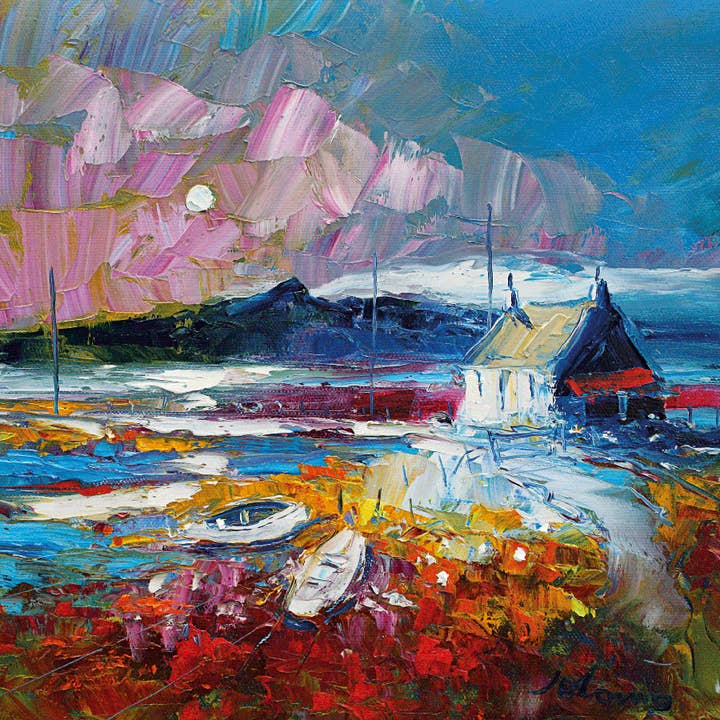 Jolomo Postkarte Strandboote im Abendlicht Benbecula für den Großhandel von Island Blue Publishing