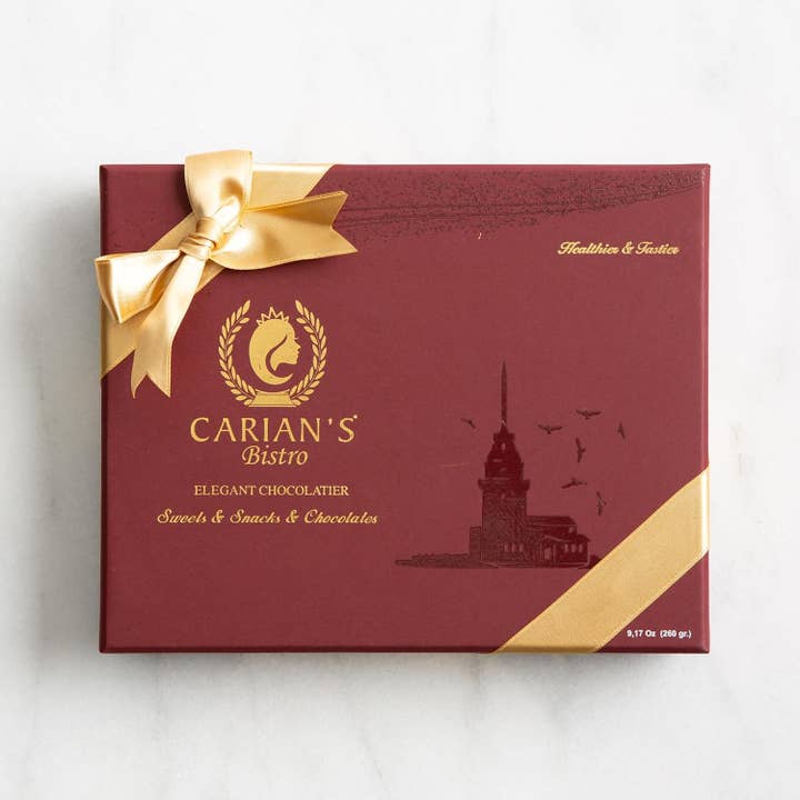 Carian's Bistro Chocolates - Wholesale Chocolate Box - Viral Dubai Chocolate Gift Box with Gold Ribbon Wrapped