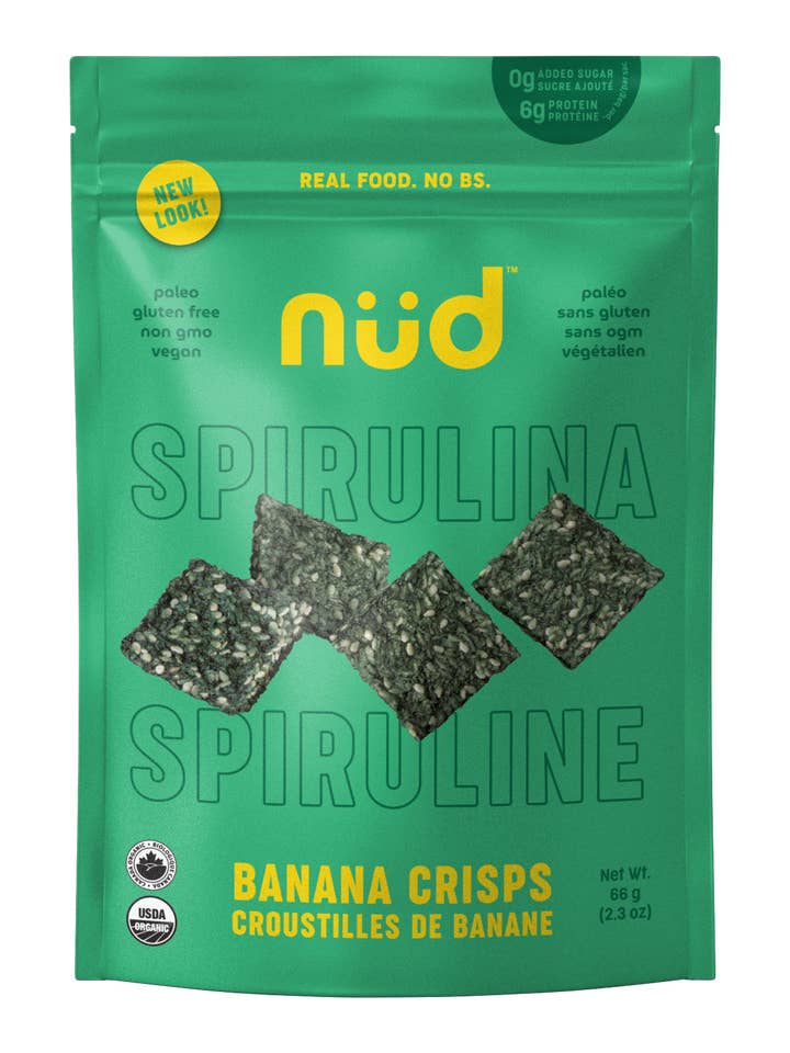 Spirulina Banana Crisps for wholesale by nud fud Inc.