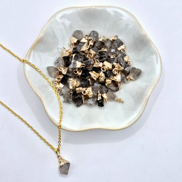 Gold Coloured Necklace with Raw Smoky Quartz Pendant (1cm) for wholesale by Moonlight Gemstones