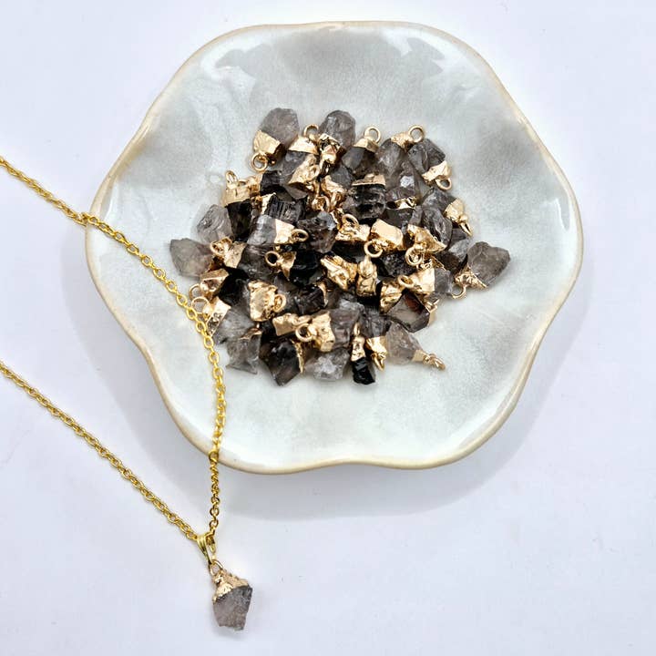 Moonlight Gemstones - Wholesale Pendant/Charm Necklace - Gold Coloured Necklace with Raw Smoky Quartz Pendant (1cm)