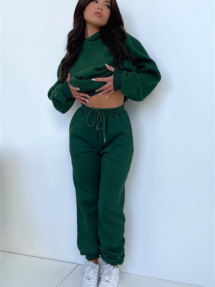 Herfst Winter Effen Kleur Lange Mouw Met Capuchon Fleece Gevoerde Trui Vrouwen Casual Broek Sets voor wholesale door Bella Nova Style Co