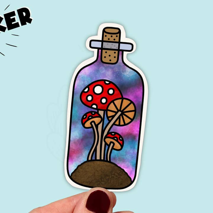 Waterproof Vinyl Cosmic Mushrooms in a Bottle Sticker for wholesale by Songbird Artistry