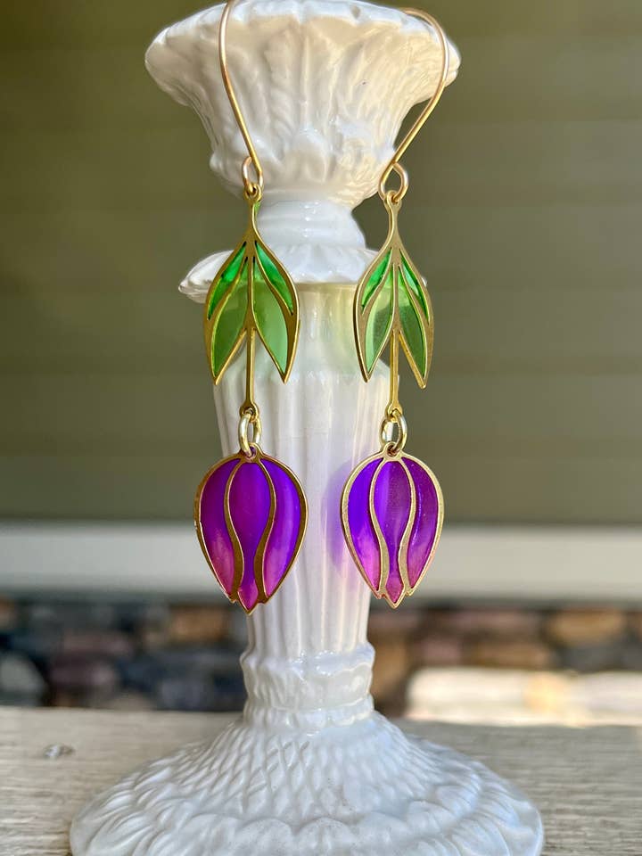 Purple 'Stained Glass' Tulip Drop Earrings for wholesale by Belle Isa Creations