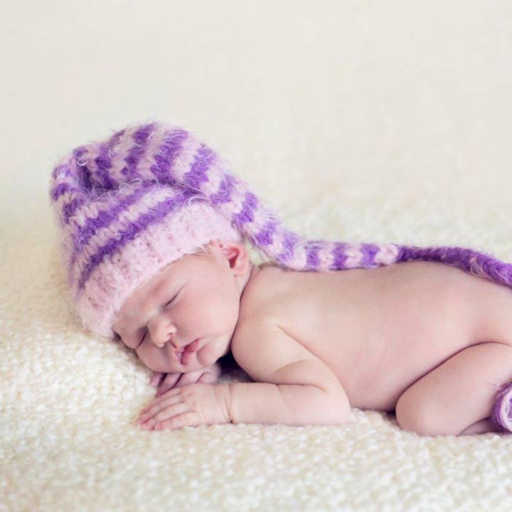 The Daisy Baby LLC - Wholesale Newborn/Knit Hat - Baby - Pink/Lilac Stripe Elf Crocheted Handmade Heirloom Gift Hat0