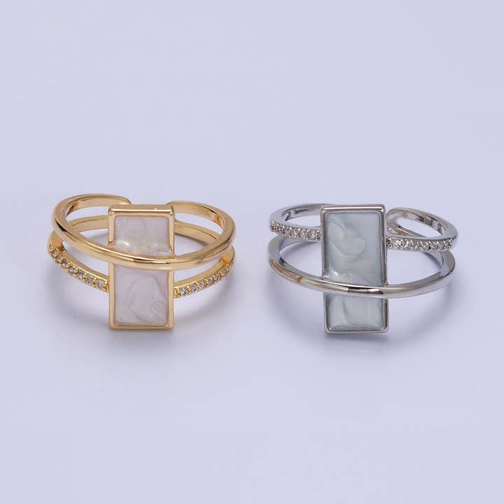 White Sparkly Enamel Bar Micro Paved CZ Double Band Ring for wholesale by Aim Eternal