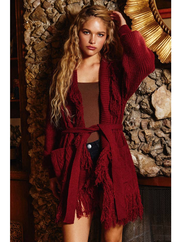 Dress Forum - Wholesale Cardigan - Women's - Cable Detail Fringe Long Cardigan (1)