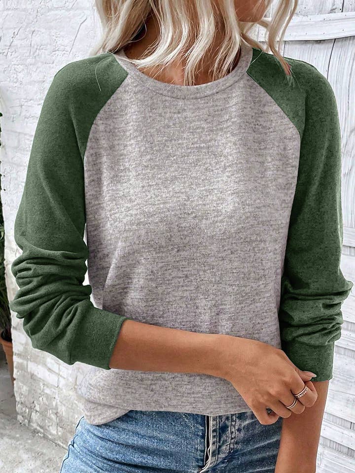 Evergreen Colorblock Raglan Long Sleeve T Shirt for wholesale by Sweet Lover Fashion