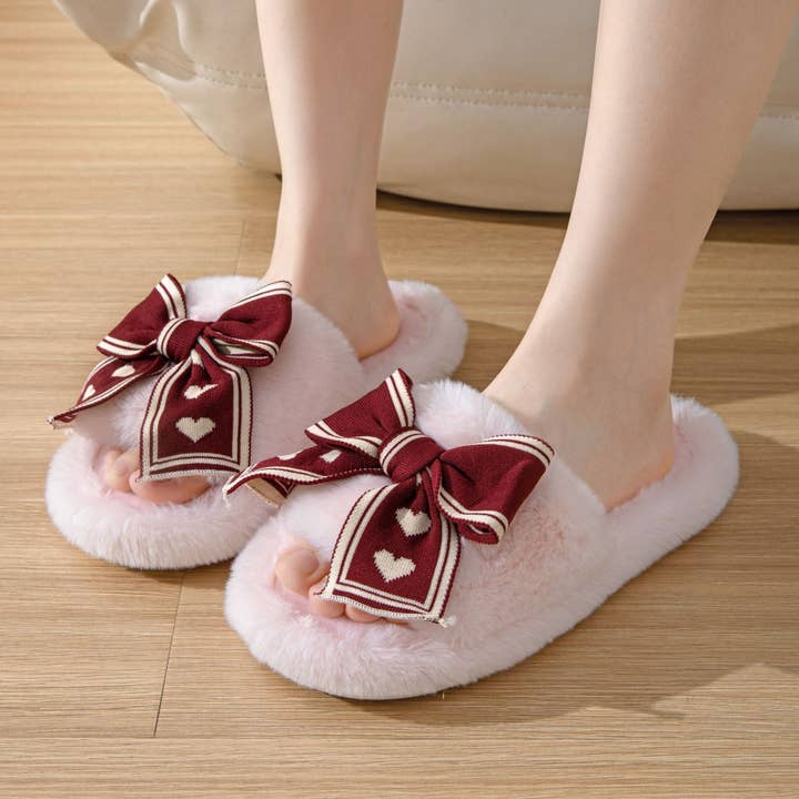 Heart Bow Open-Toe Slippers Women Plush House Shoes M5A287 for wholesale by alberalkirk
