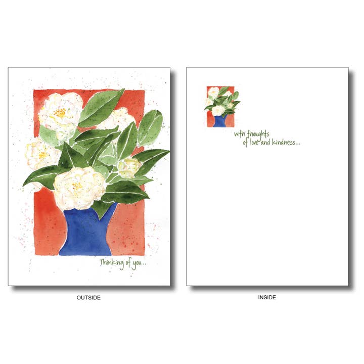 WORDS & WATERCOLORS BY PEG CONLEY - Wholesale Thinking of You Card - Blue Vase of Camellias1