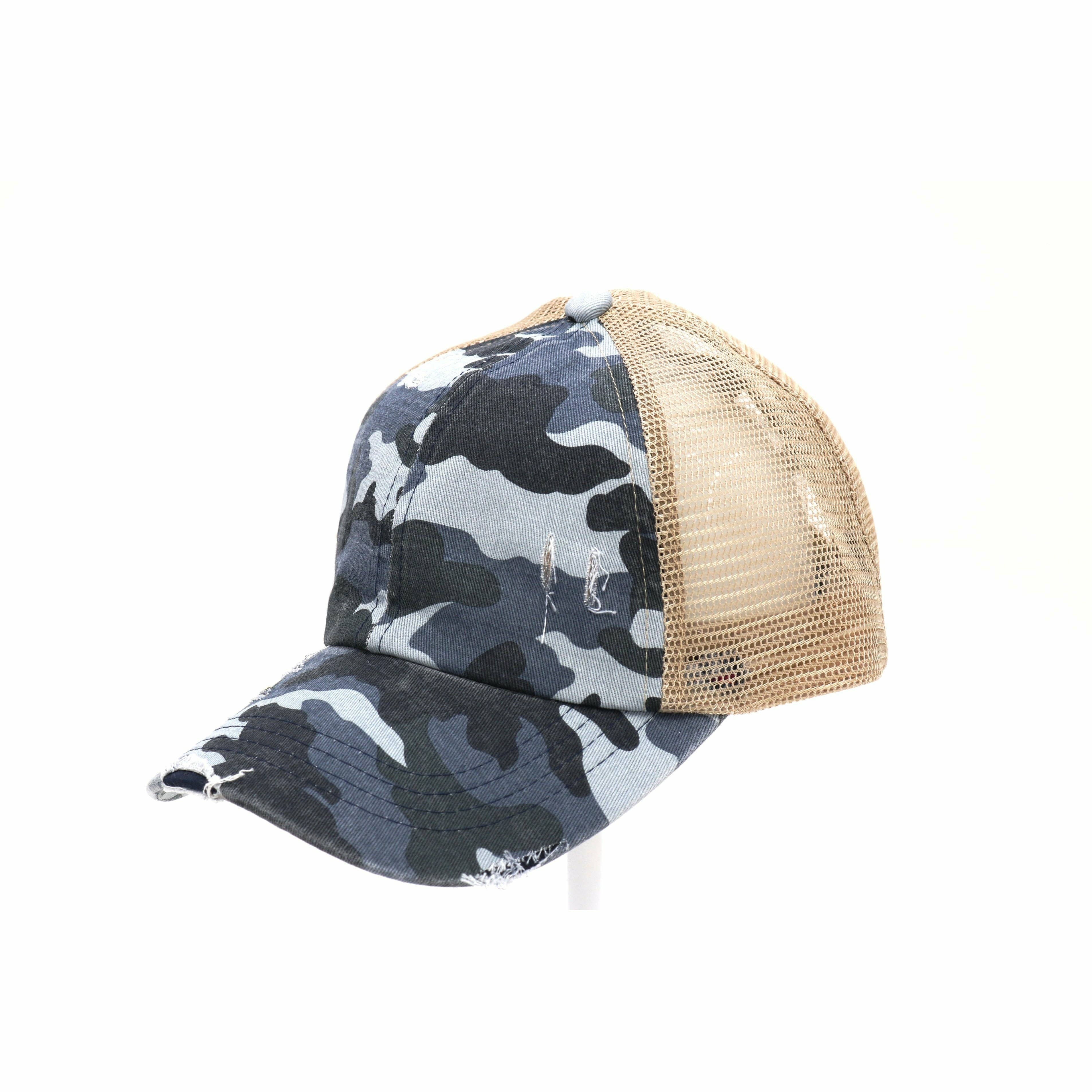 bleu Casquette de baseball Crossing Cross High Ponytail CC en forme de Distressed Camouflage en vente sur Faire3