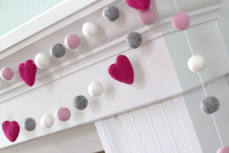 Matthew + Mae - Wholesale Bunting/Garland - Valentine's Day Garland- Pinks Gray White Felt Balls, Hearts8
