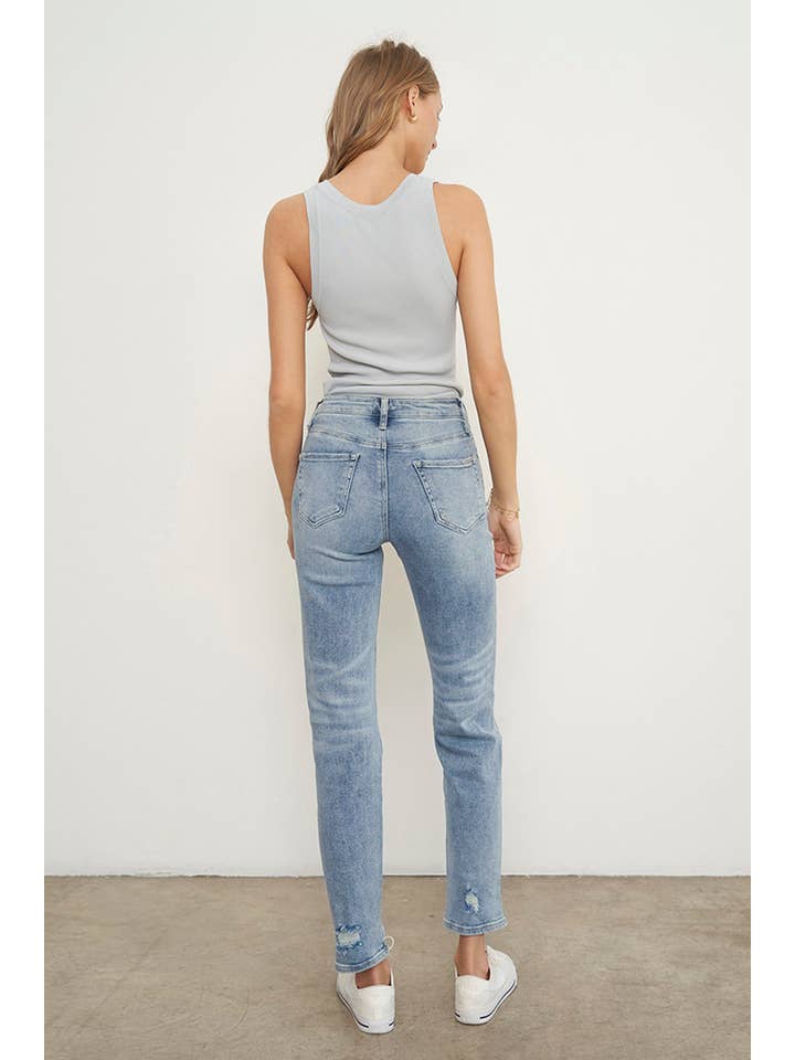 Insane Gene USA - Vendita all'ingrosso Jeans - Donna - Jeans alla caviglia girlfriend a vita media strappati - Lavaggio chiaro