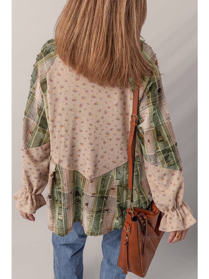 1 the Woman - Wholesale Shirt Jacket/Shacket - Women's - Distressed Detail Ruffled Sleeve Waffle Knit Shacket11