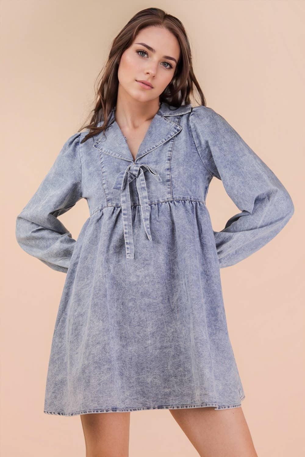 VERY J - Wholesale Dress - Women's - ND31904-Washed Chambray Collared Mini Dress5