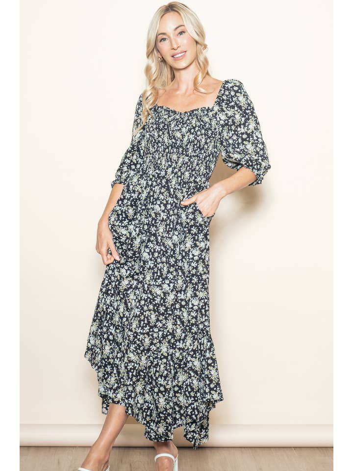 Elloh Collection – wholesale Dress – Women's – Sweetheart Half Sleeve Handkerchief Hem Floral Maxi Dress13